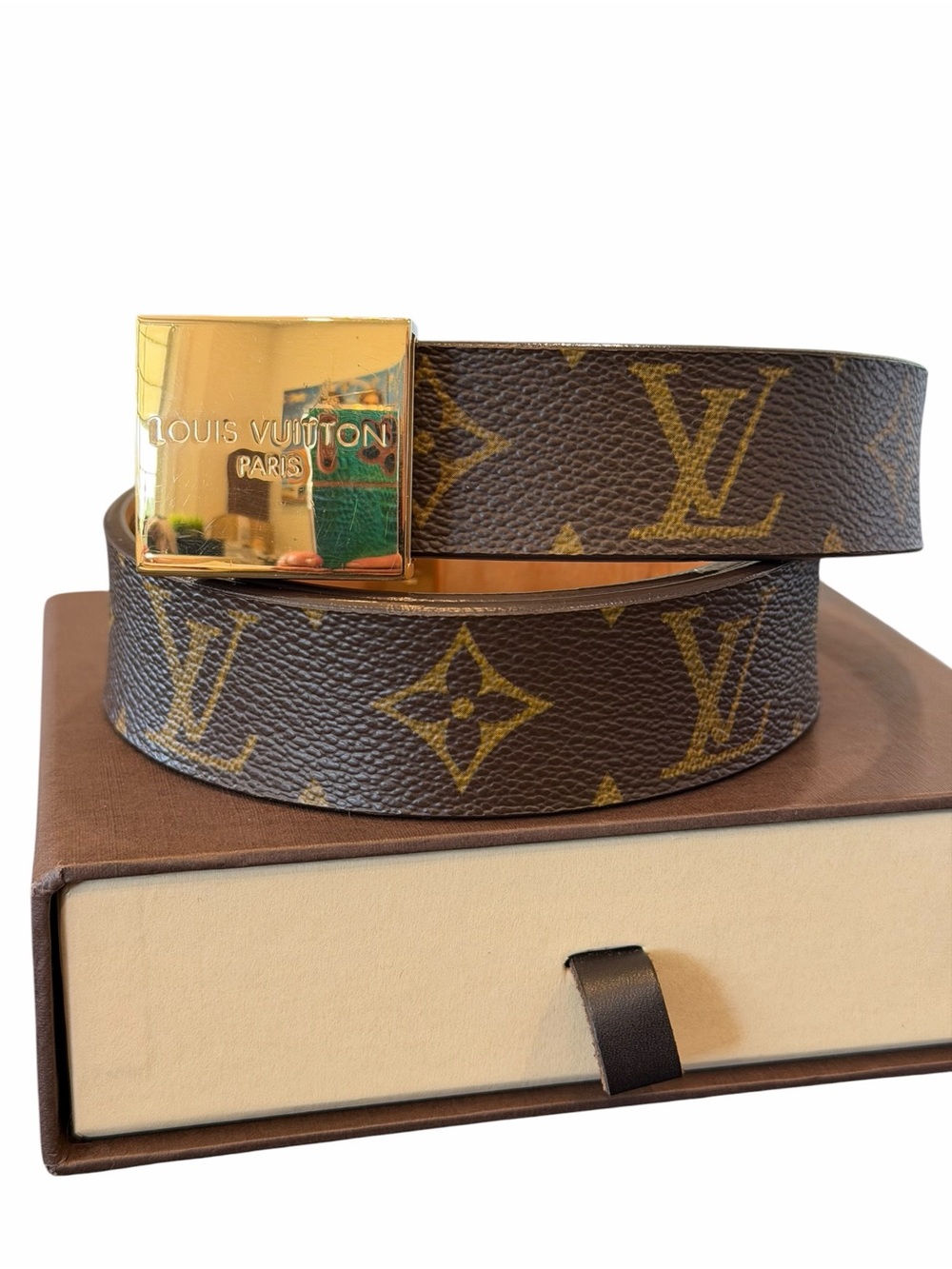 Louis Vuitton Brown Monogram Canvas Belt with Gold Buckle - Picture 2 of 6